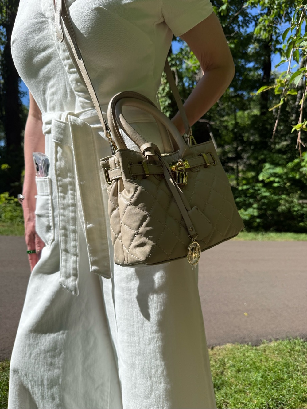 Badgley Mischka diamond quilted 2-way vegan leather tote bag in a taupe